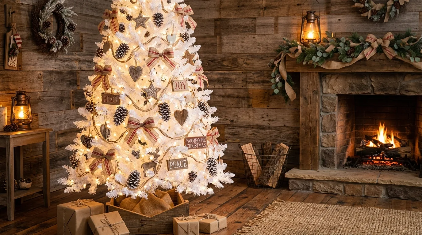 White Christmas tree with pinecones, burlap ribbon, and rustic farmhouse styling.
